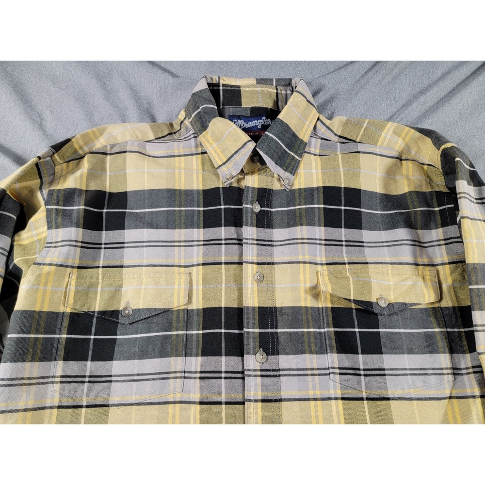 Wrangler Yellow Plaid Western Twill Shirt Mens XL Long Sleeve Button Up